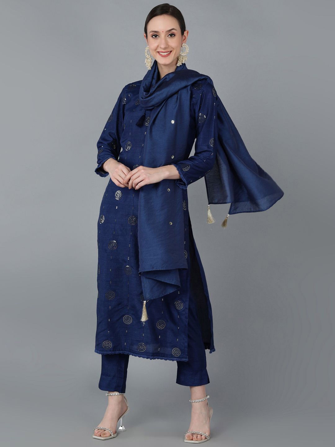 

KALINI Floral Embroidered Tie-Up Neck Sequinned Straight Kurta with Palazzos & Dupatta, Navy blue