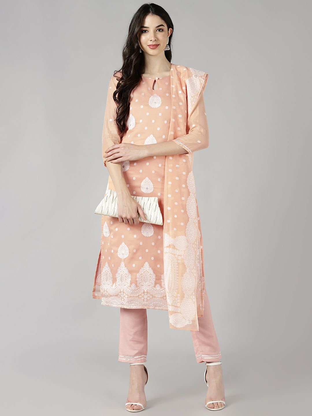 

KALINI Ethnic Motifs Embroidered Keyhole Neck Straight Kurta With Trousers & Dupatta, Peach