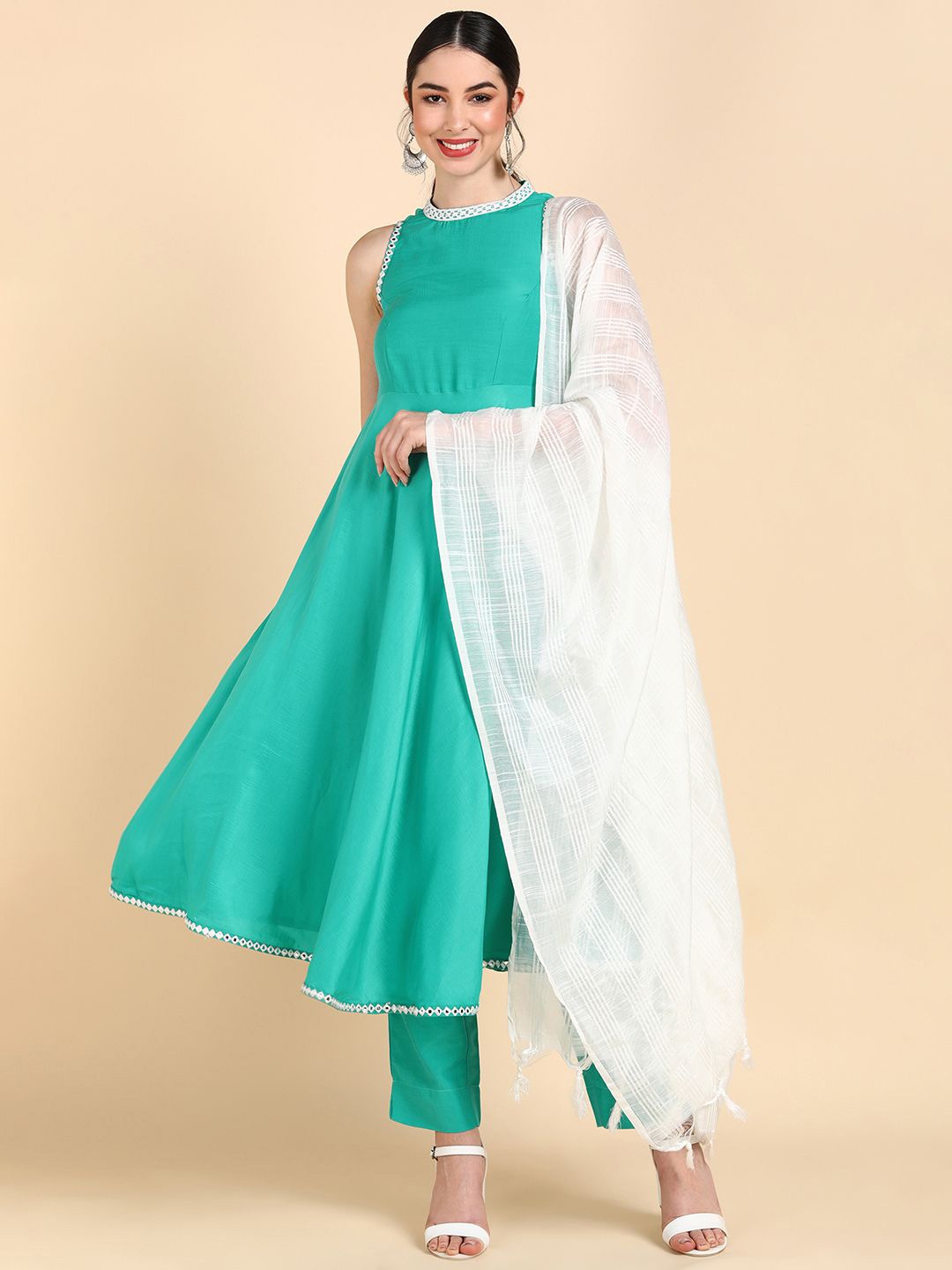 

KALINI Empire Anarkali Kurta With Trousers & Dupatta, Sea green