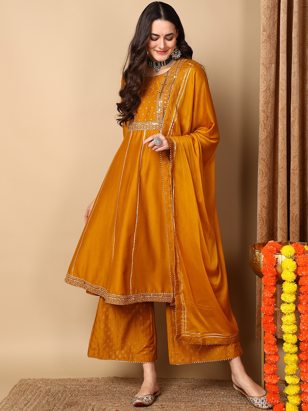 KALINI Floral Embroidered Empire Mirror Work Anarkali Kurta With Palazzos & Dupatta, Mustard