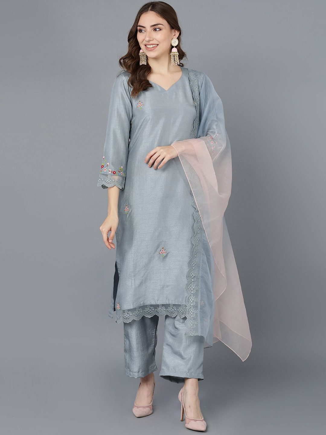 

KALINI Floral Embroidered Straight Kurta With Trousers & Dupatta, Grey