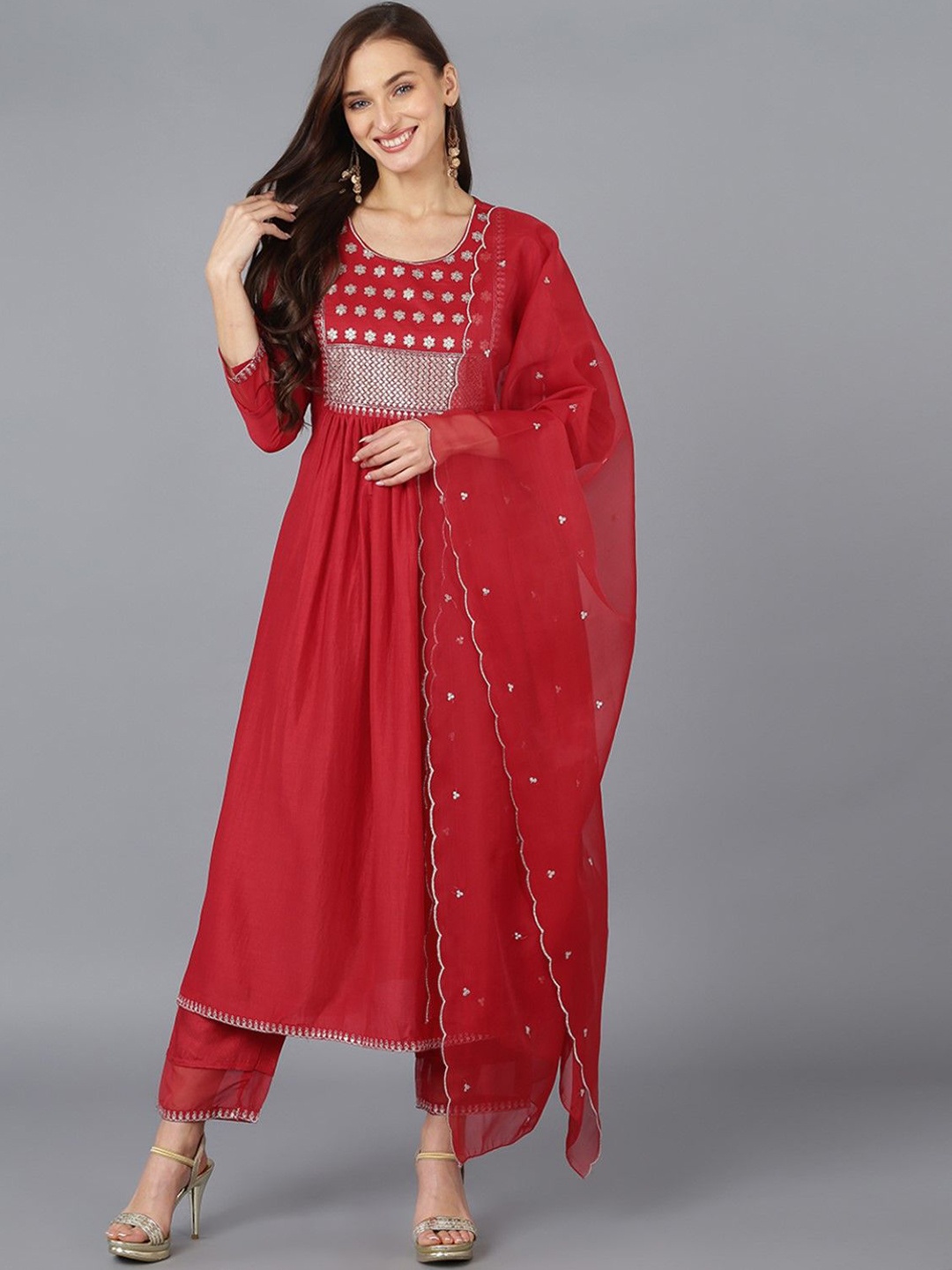 

KALINI Floral Embroidered Sequinned Pleated A-Line Kurta With Trousers & Dupatta, Red