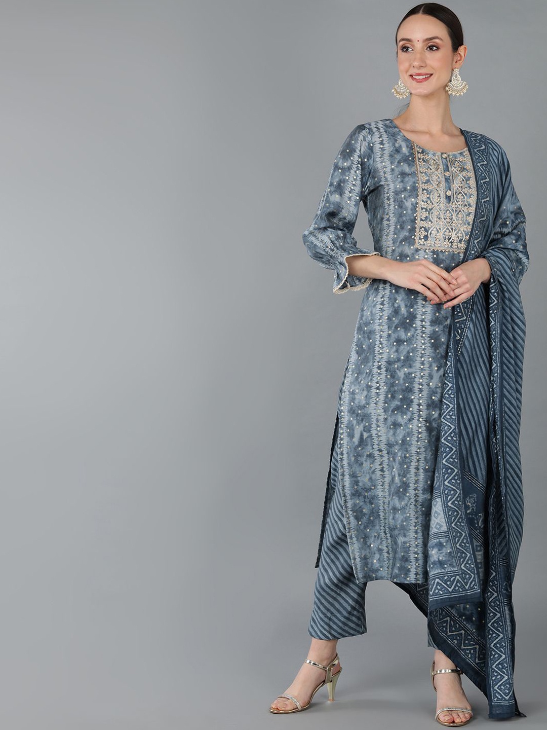 

KALINI Abstract Embroidered Zari Straight Kurta With Trousers & Dupatta, Charcoal