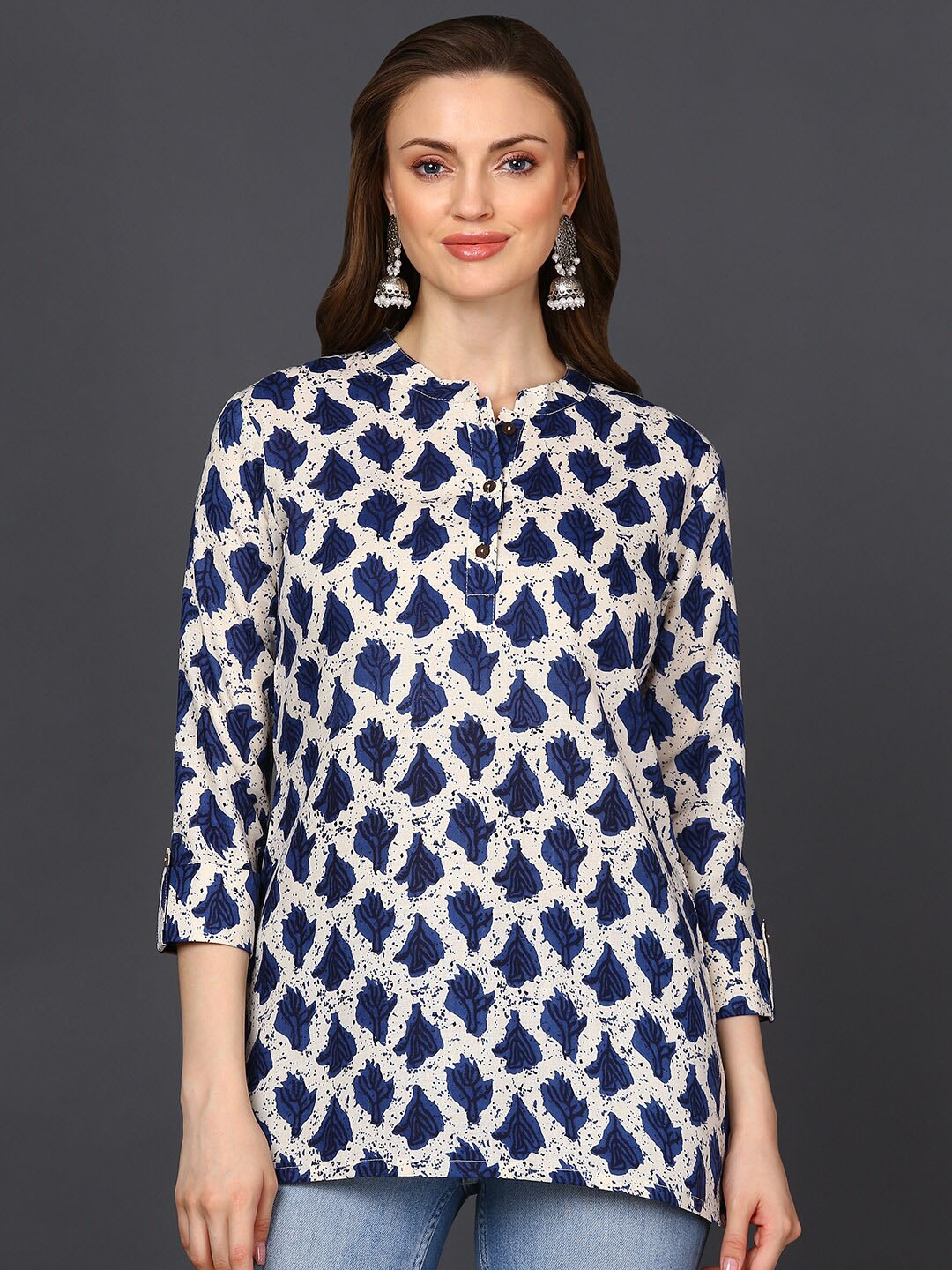 

KALINI Floral Print Mandarin Collar Longline Top, Off white