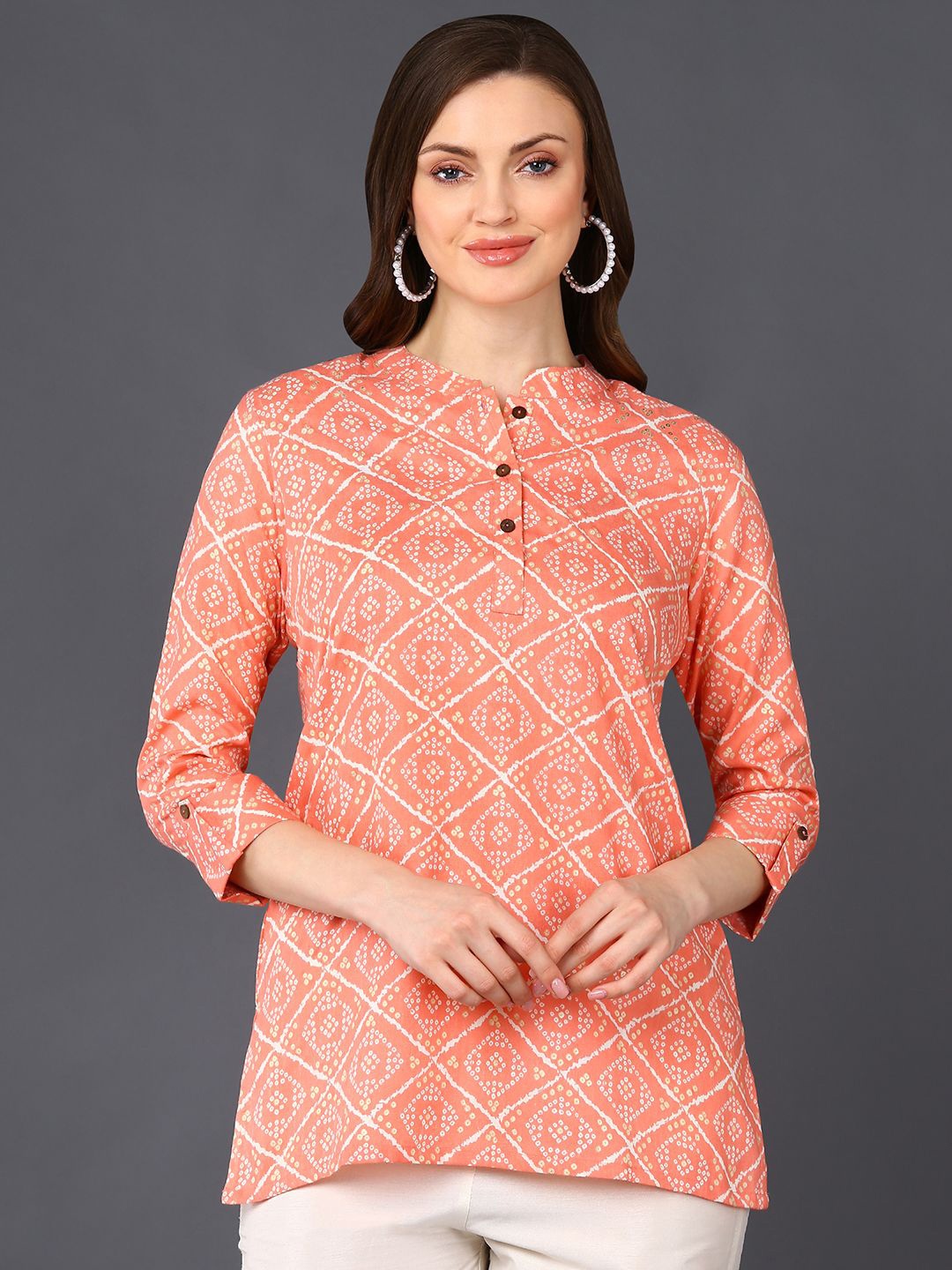 

KALINI Printed Mandarin Collar Roll-Up Sleeves Shirt Style Top, Peach