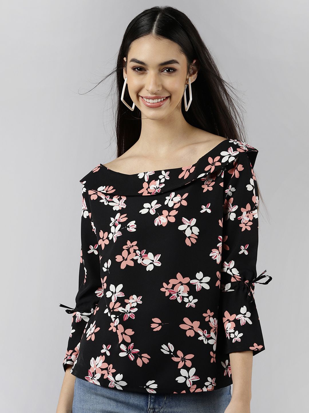 

KALINI Floral Print Boat Neck Bell Sleeves Crepe Top, Black