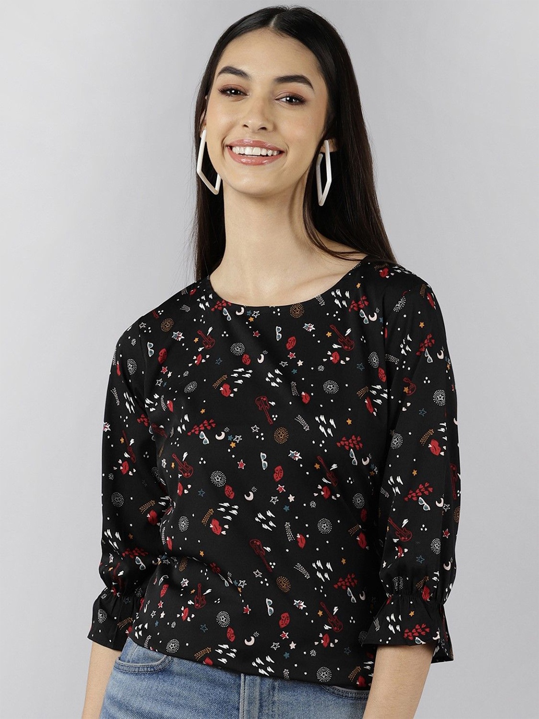 

KALINI Printed Puff Sleeve Top, Black