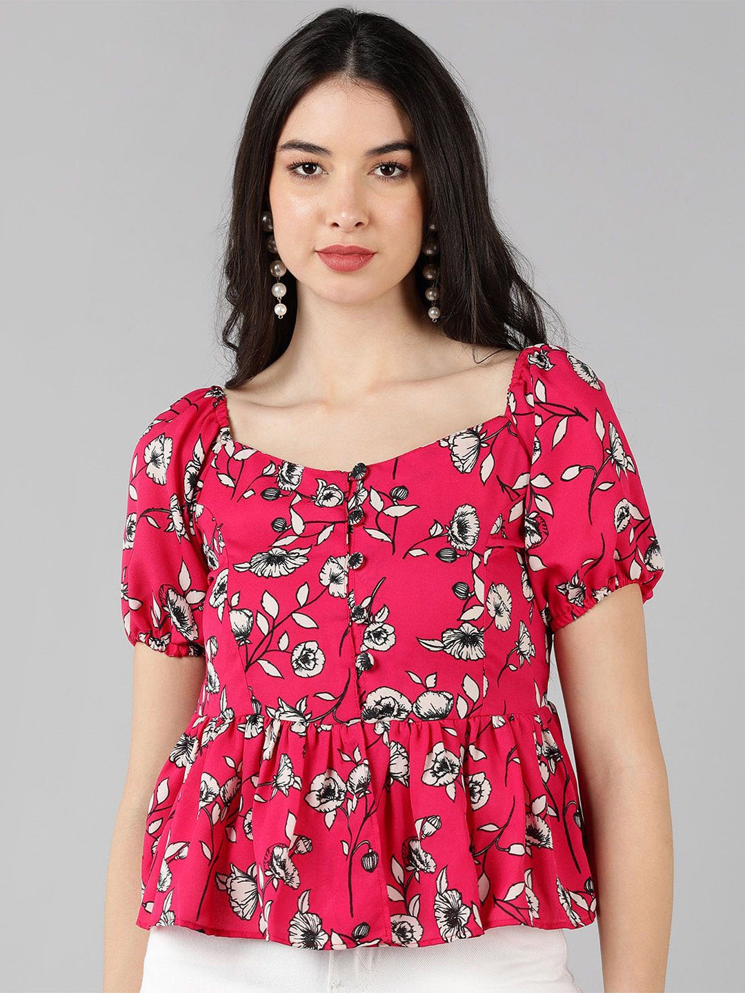 

KALINI Floral Printed Puff Sleeve Peplum Top, Pink