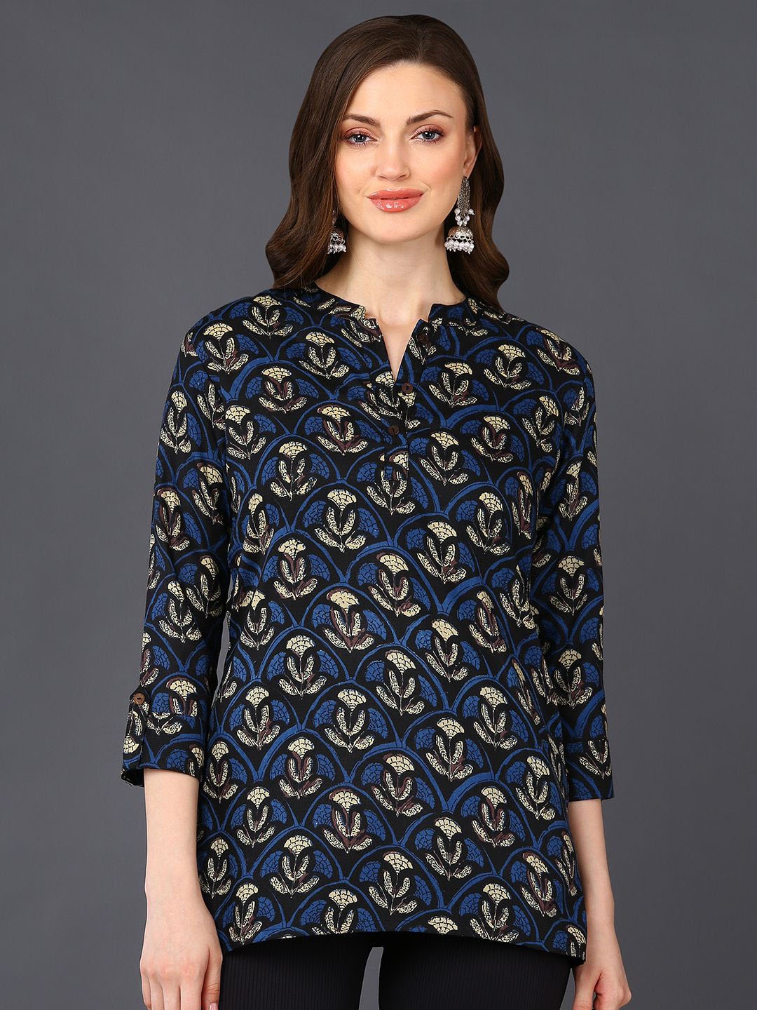 

KALINI Printed Mandarin Collar Roll-Up Sleeves Top, Black