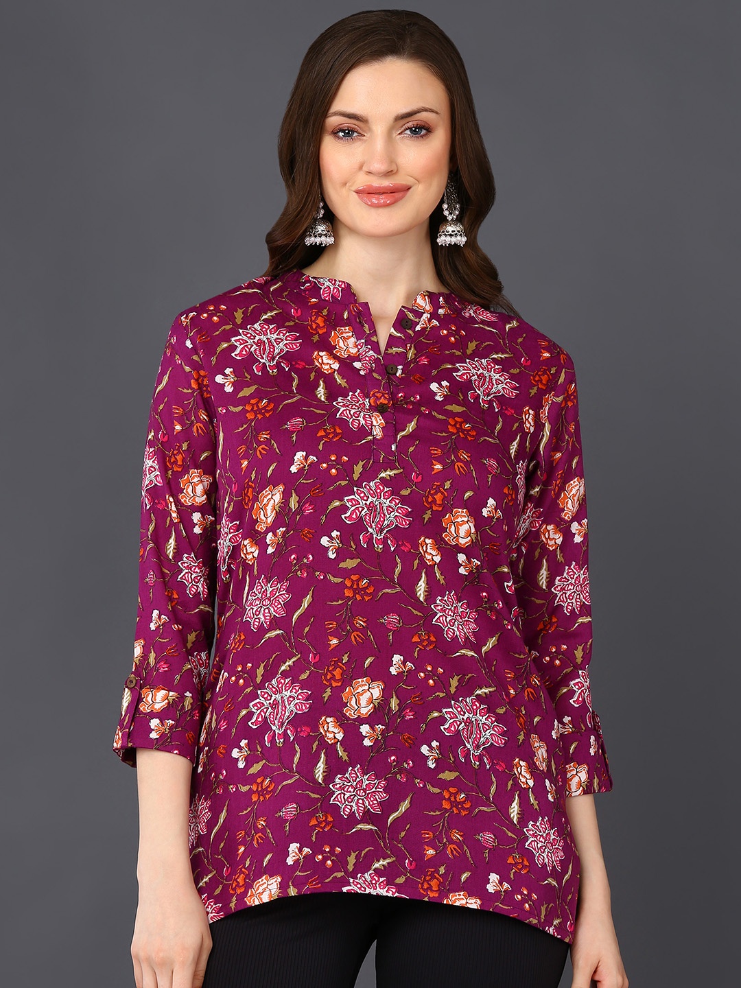 

KALINI Floral Printed Mandarin Collar Shirt Style Top, Purple