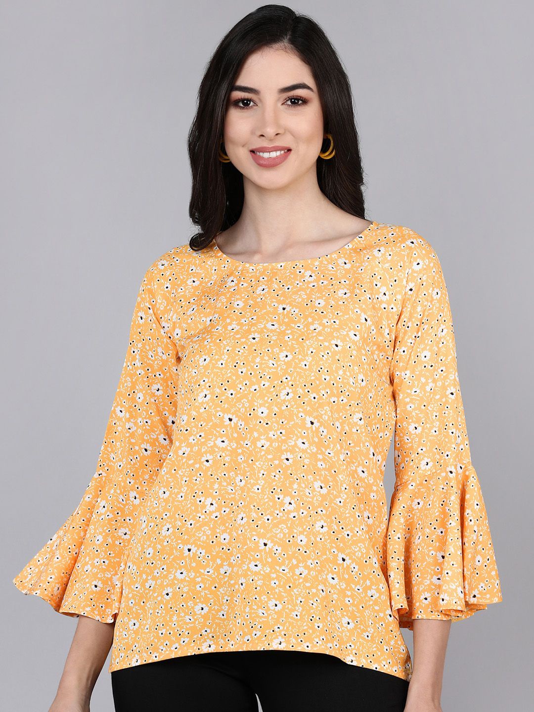 

KALINI Floral Print Bell Sleeves Crepe Top, Orange