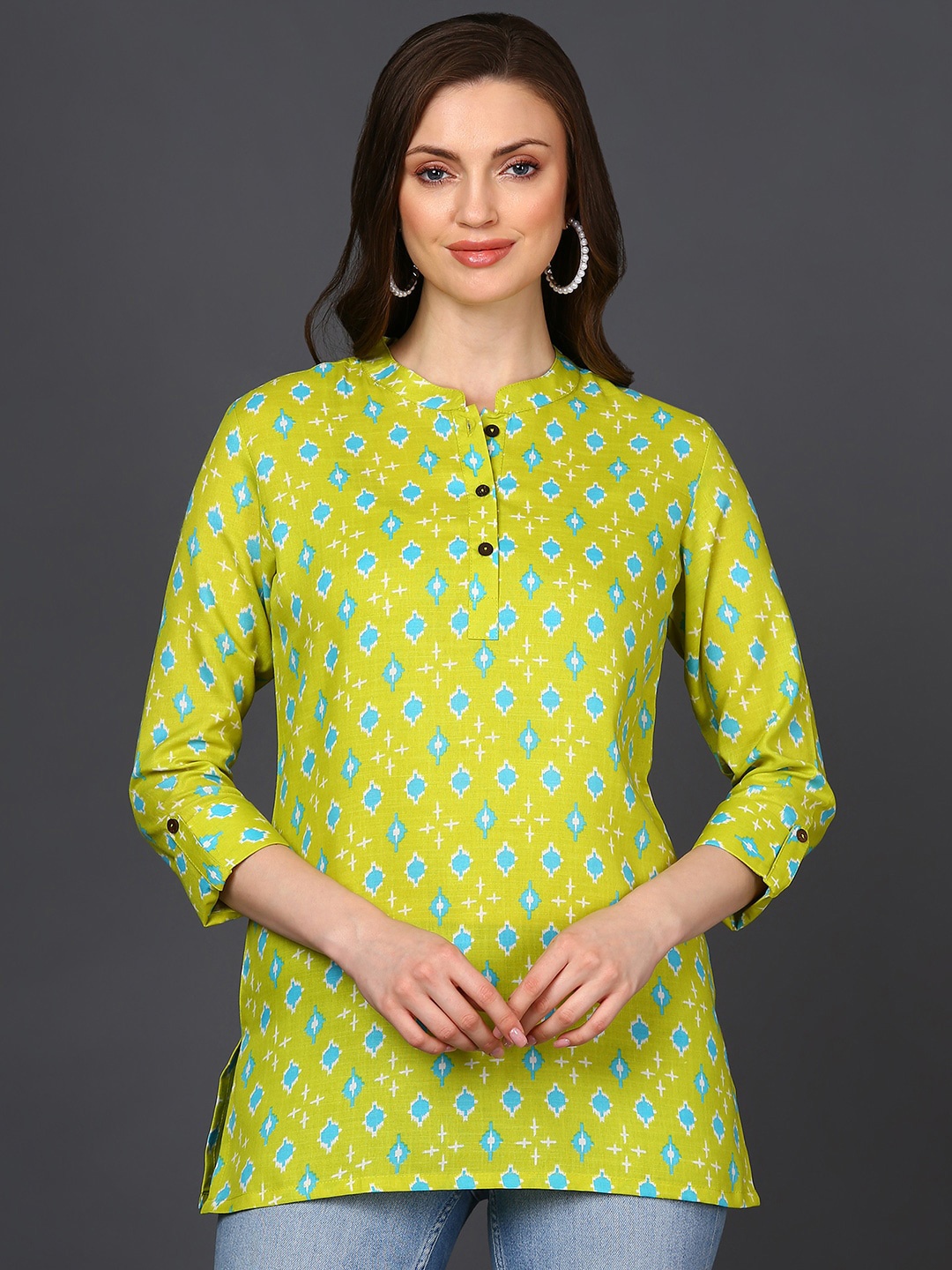 

KALINI Geometric Print Mandarin Collar Roll-Up Sleeves Shirt Style Top, Lime green