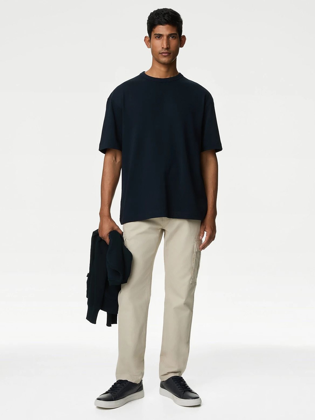 

Marks & Spencer Round Neck Drop-Shoulder Sleeves Oversized T-shirt, Navy blue