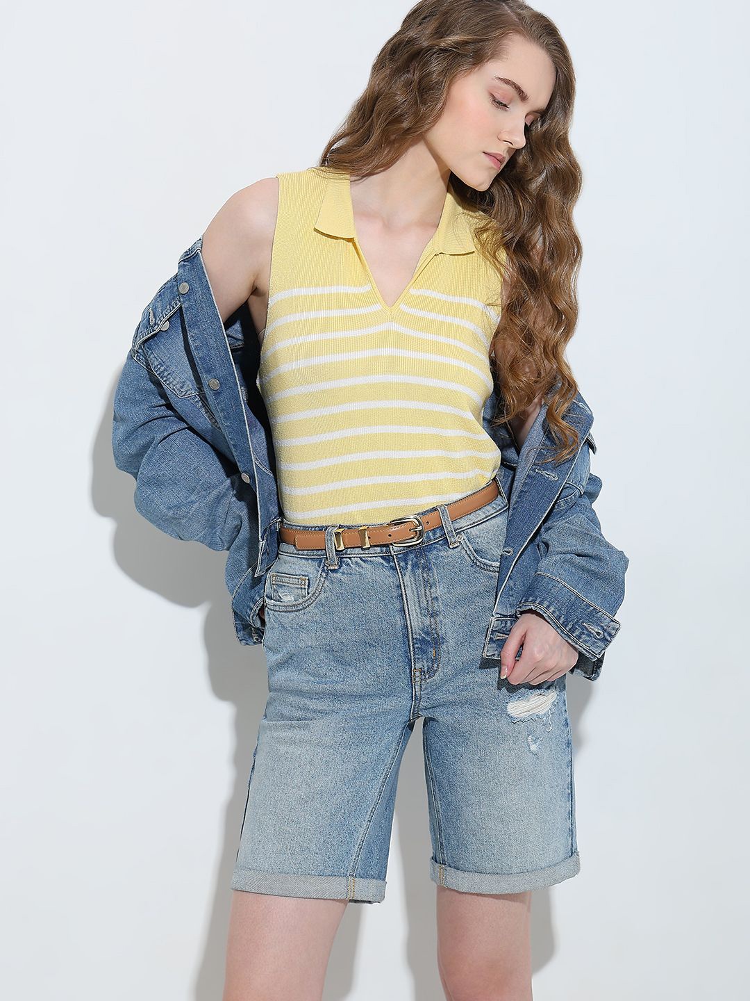 

Vero Moda Striped Shirt Collar Sleeveless Casual Top, Yellow