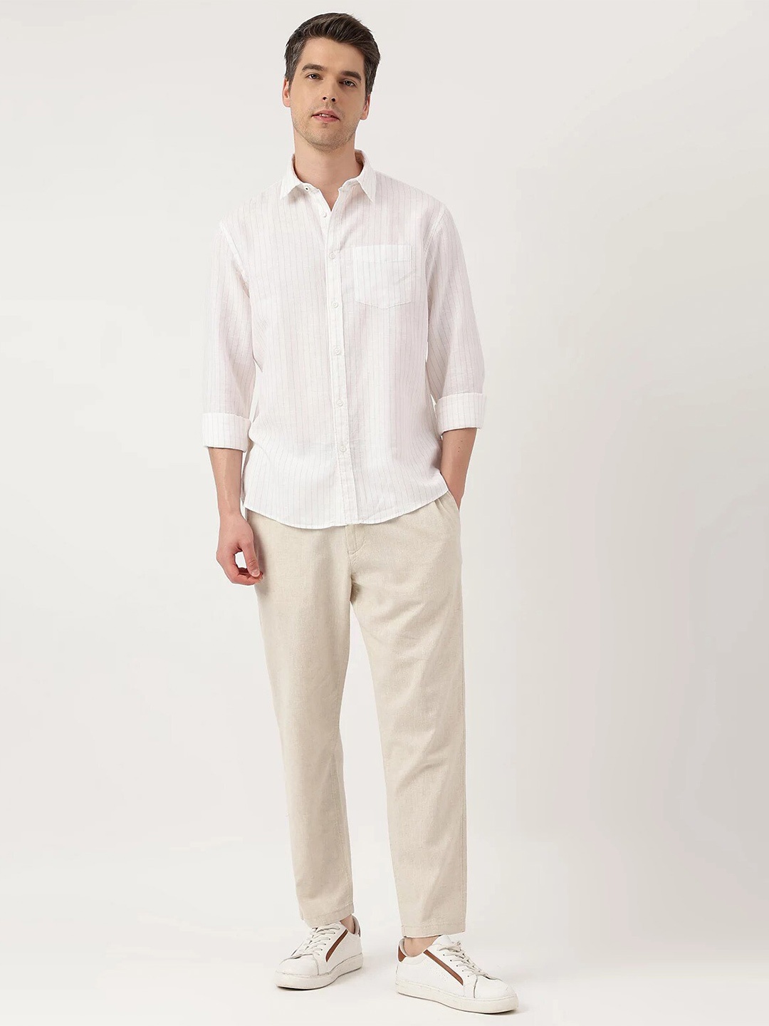 

Marks & Spencer Vertical Striped Linen Cotton Casual Shirt, Beige