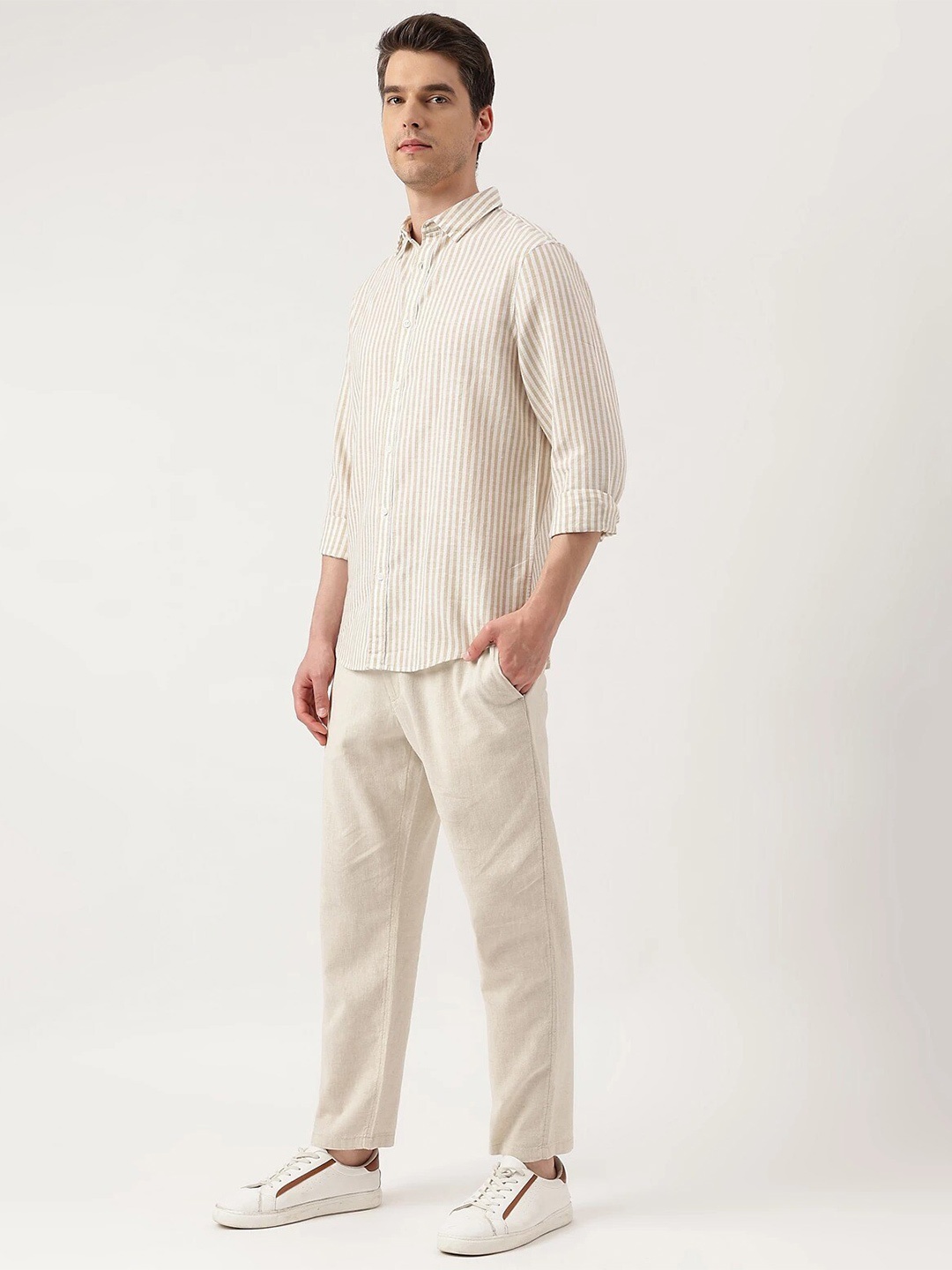 

Marks & Spencer Vertical Striped Linen Cotton Casual Shirt, Beige