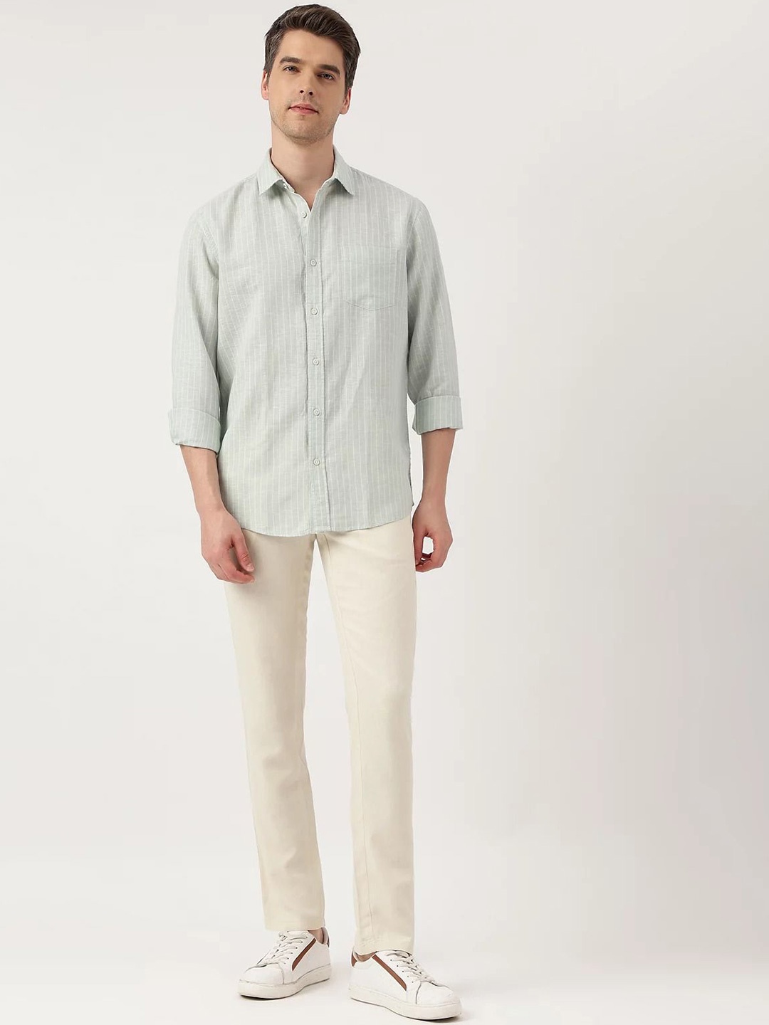 

Marks & Spencer Vertical Striped Linen Cotton Casual Shirt, Green