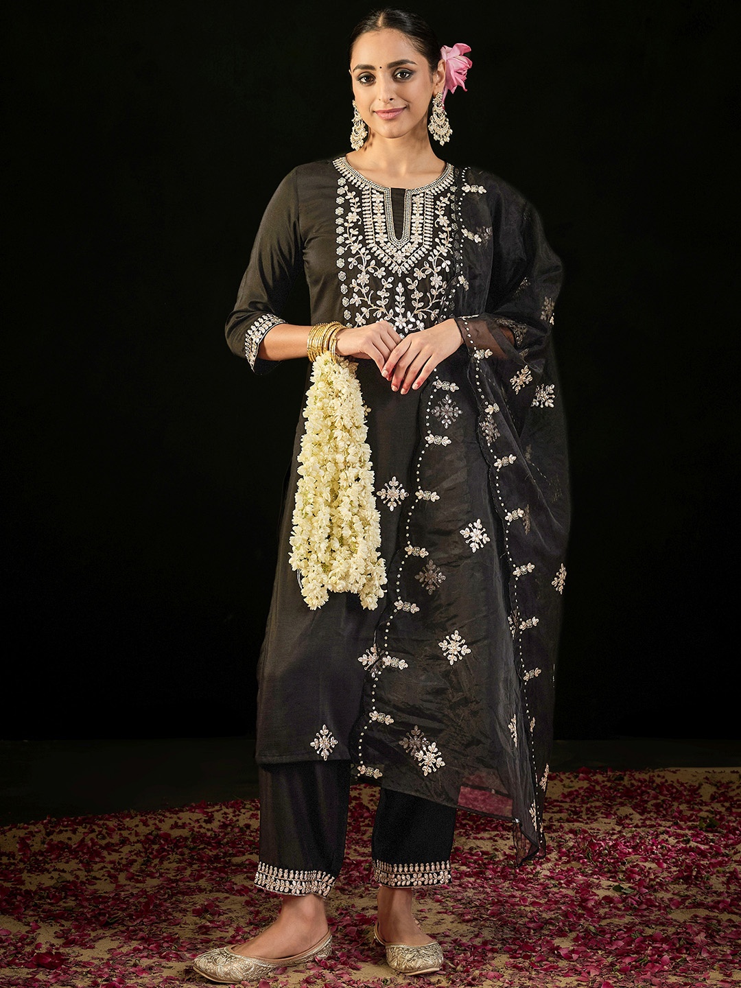 

Indo Era Ethnic Motifs Embroidered Gotta Patti Straight Kurta with Trousers & Dupatta, Black