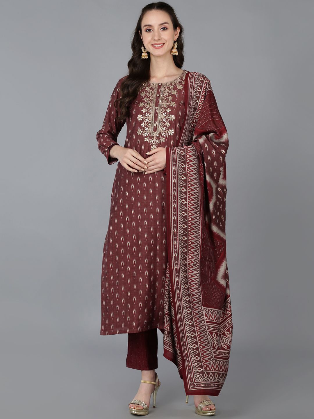 

KALINI Floral Embroidered Round Neck Straight Kurta with Trousers & Dupatta, Maroon