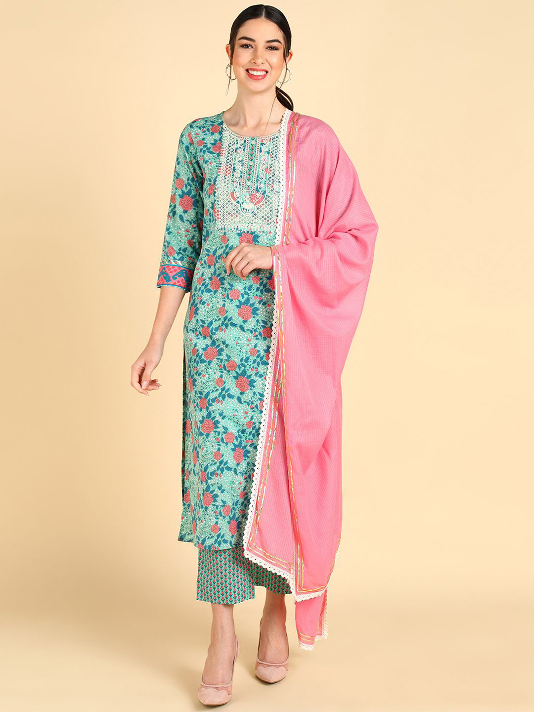 

KALINI Floral Printed Round Neck Pure Cotton Straight Kurta with Trousers & Dupatta, Sea green