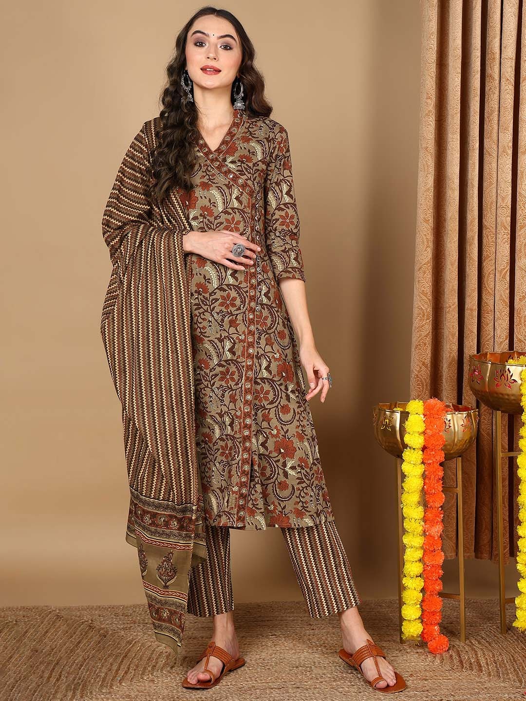 

KALINI Floral Printed Angrakha Gotta Patti Pure Cotton Anarkali Kurta Set, Taupe