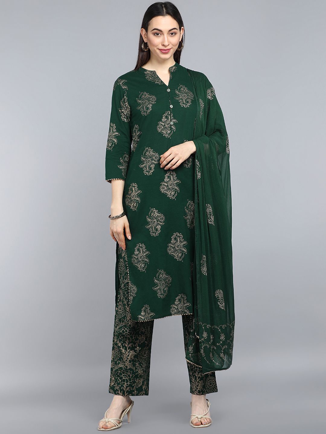 

KALINI Ethnic Motifs Printed Mandarin Collar Pure Cotton Kurta with Trousers & Dupatta, Green