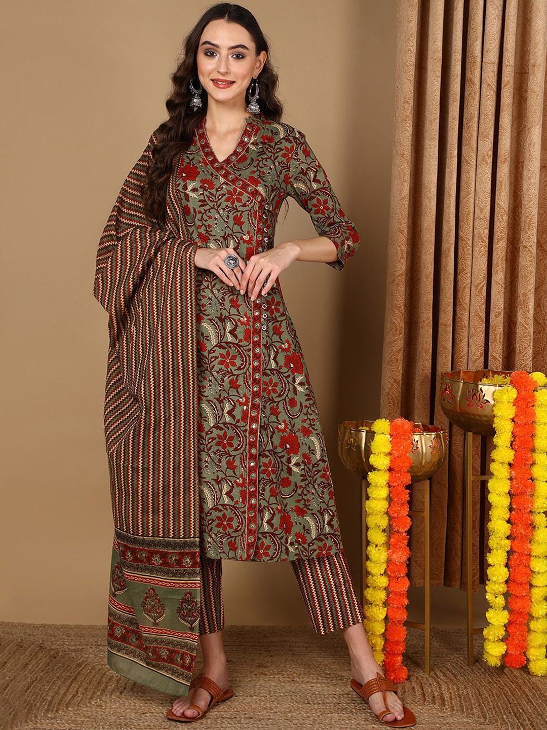 

KALINI Floral Printed Angrakha Pure Cotton Kurta With Trousers & Dupatta, Green