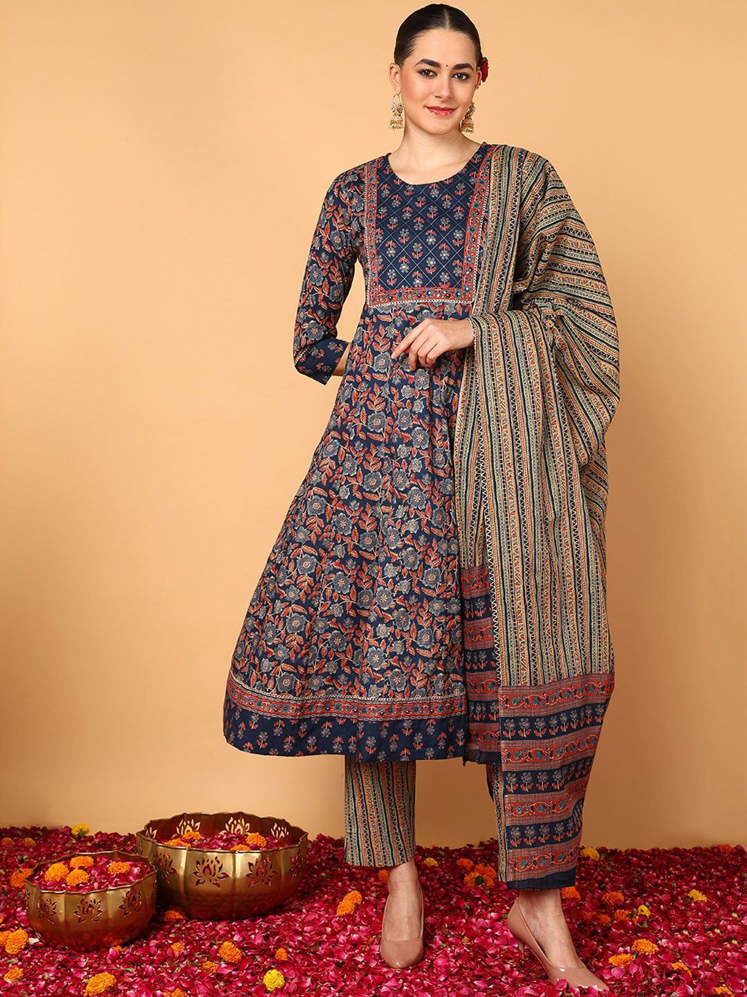 

KALINI Floral Printed Empire Gotta Patti Pure Cotton Anarkali Kurta & Trousers & Dupatta, Blue