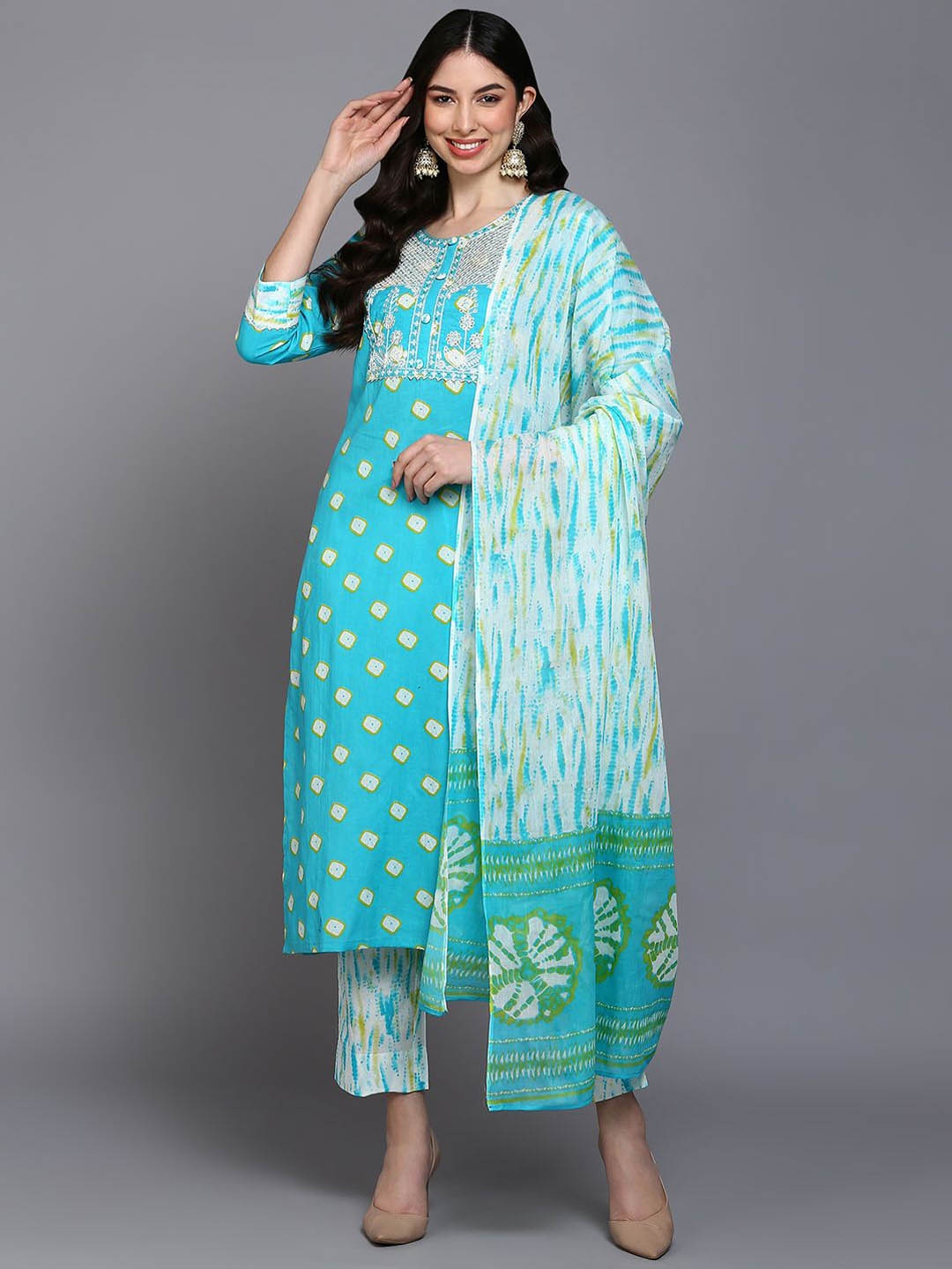 

KALINI Bandhani Embroidered Pure Cotton Straight Kurta With Trousers & Dupatta, Blue