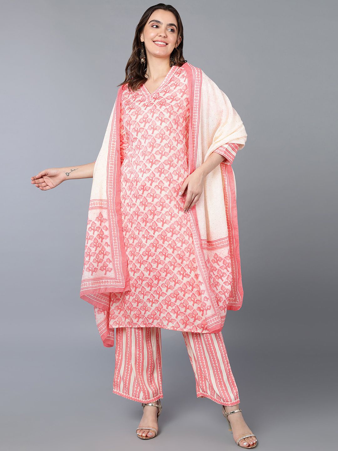 

KALINI Floral Printed Regular Kurta with Trousers & With Dupatta, Beige