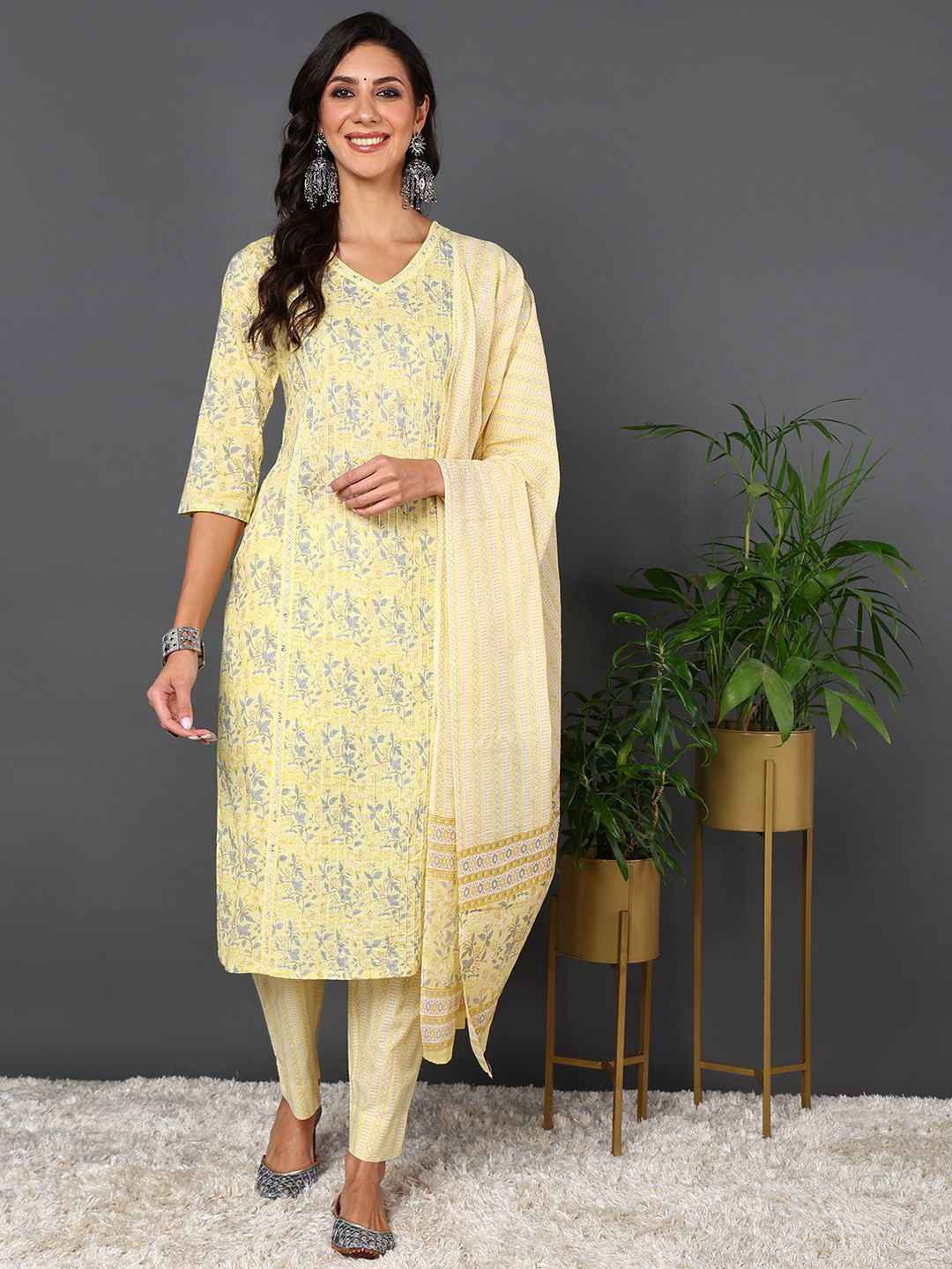 

KALINI Floral Printed Pure Cotton Straight Kurta With Trousers & Dupatta, Yellow