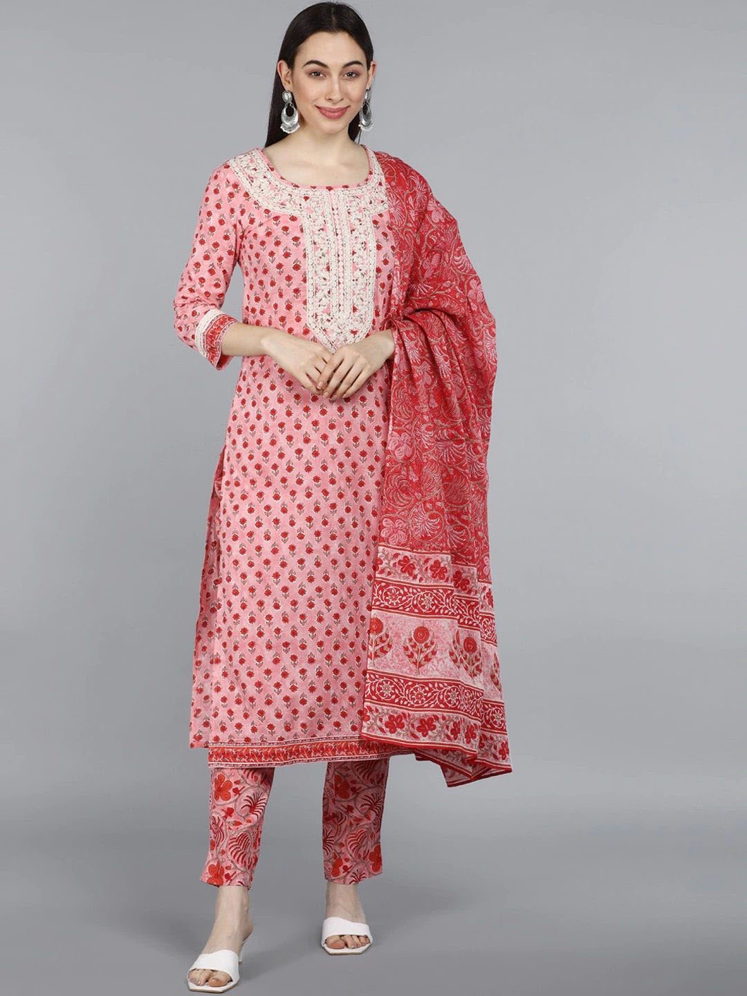 

KALINI Floral Printed Thread Work Pure Cotton Straight Kurta With Trousers & Dupatta, Pink