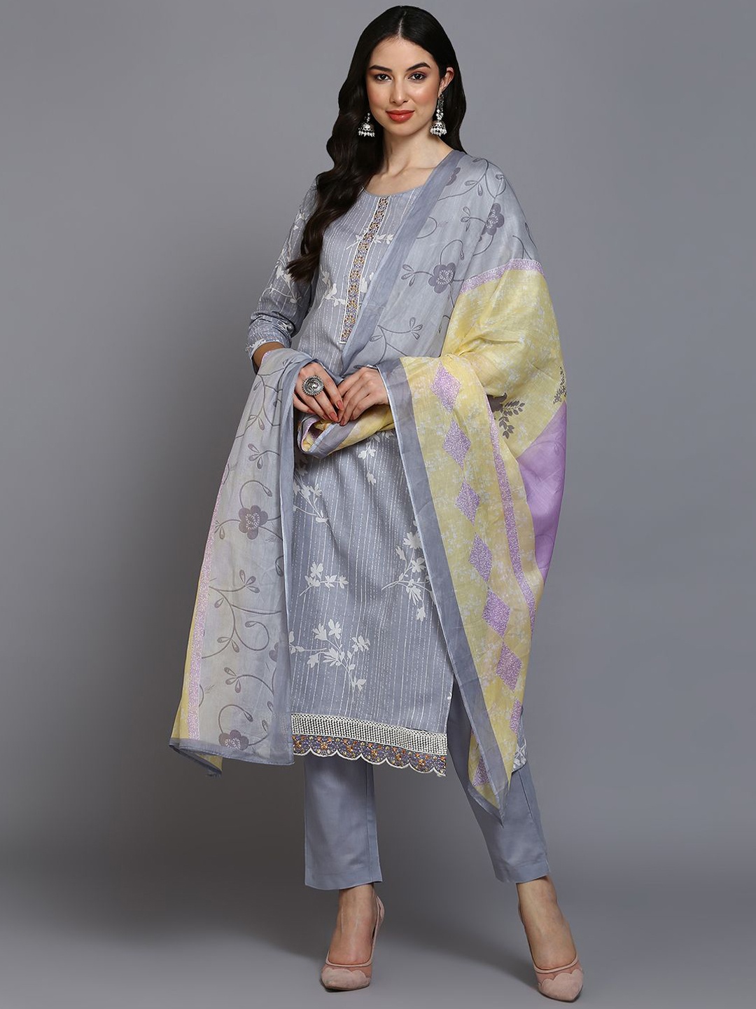 

KALINI Floral Printed Straight Kurta With Trousers & Dupatta, Grey