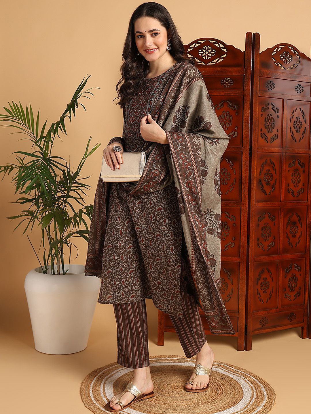 

KALINI Floral Printed Regular Sequinned Pure Cotton Kurta With Trousers & Dupatta, Brown