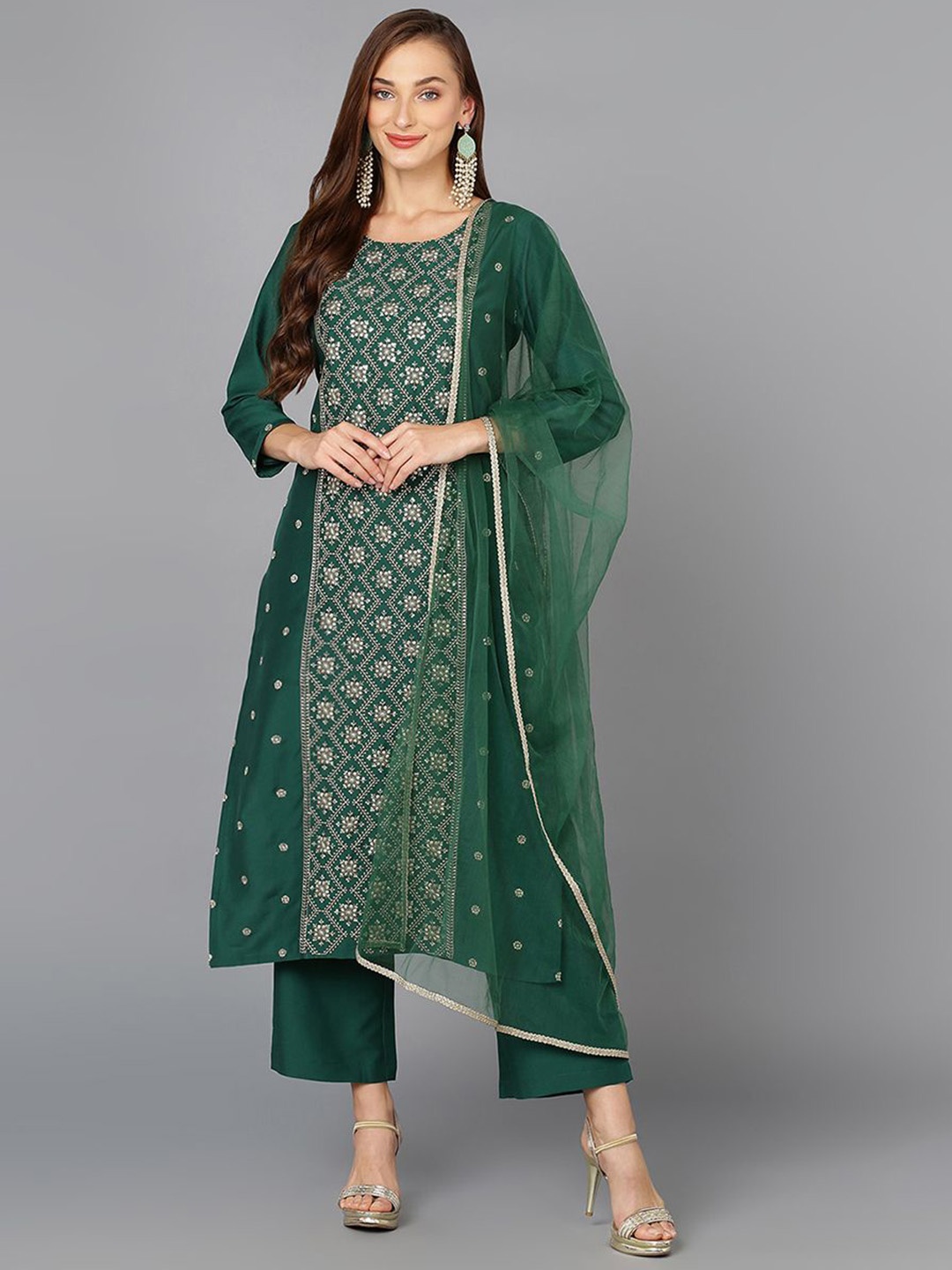 

KALINI Ethnic Motifs Embroidered Regular Sequinned Kurta with Trousers & Dupatta, Green