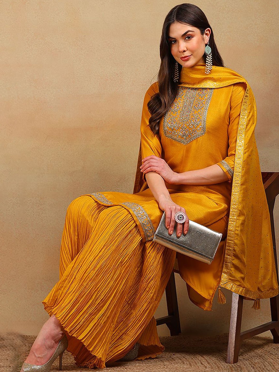 

KALINI Floral Embroidered Zari Straight Kurta With Palazzos & Dupatta, Yellow