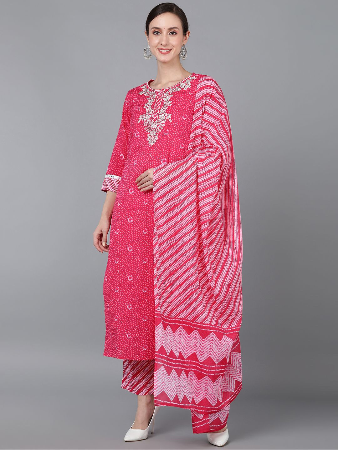 

KALINI Bandhani Embroidered Thread Work Straight Pure Cotton Kurta with Trousers & Dupatta, Pink