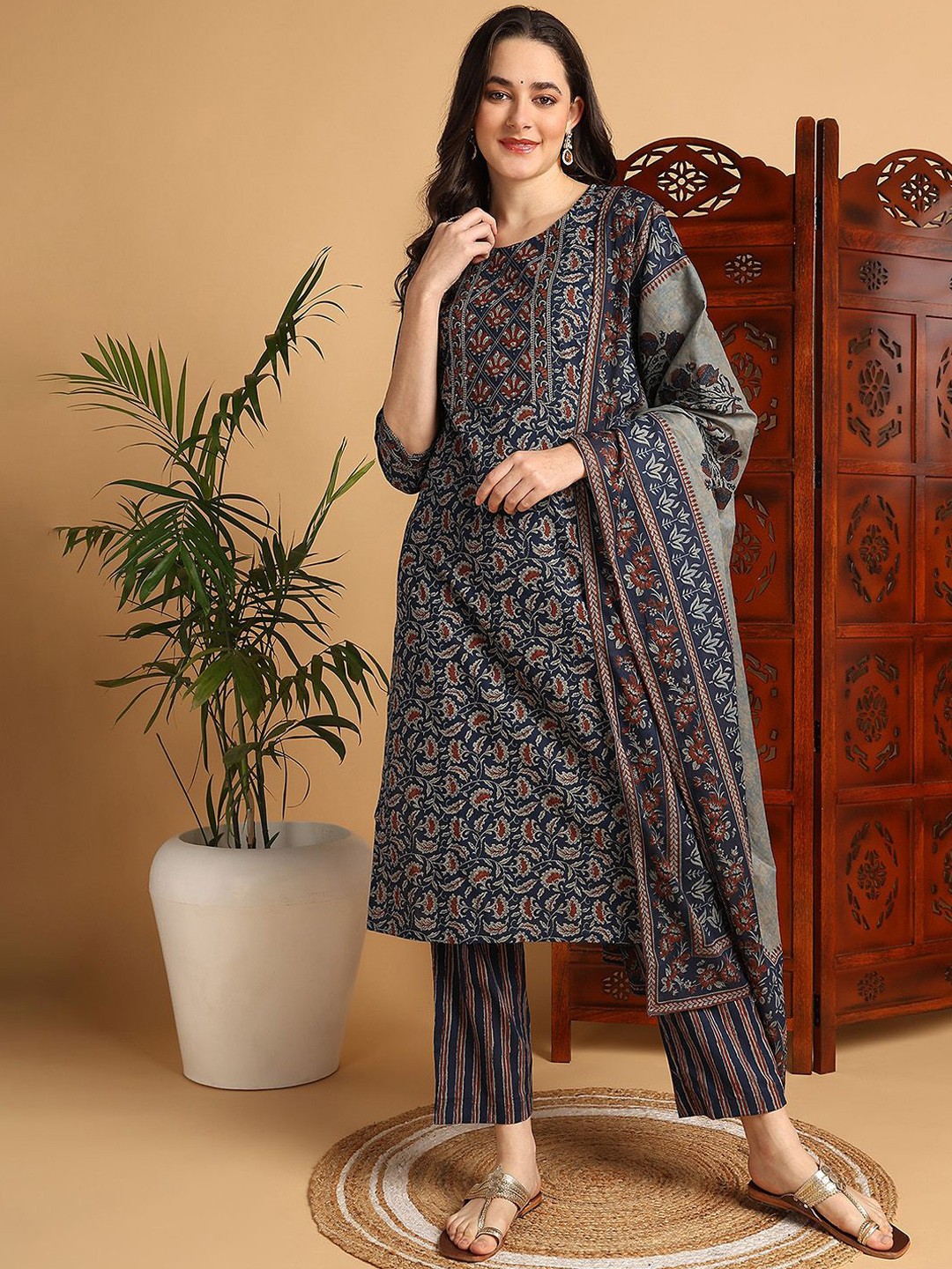 

KALINI Floral Printed Regular Sequinned Pure Cotton Kurta With Trousers & Dupatta, Blue