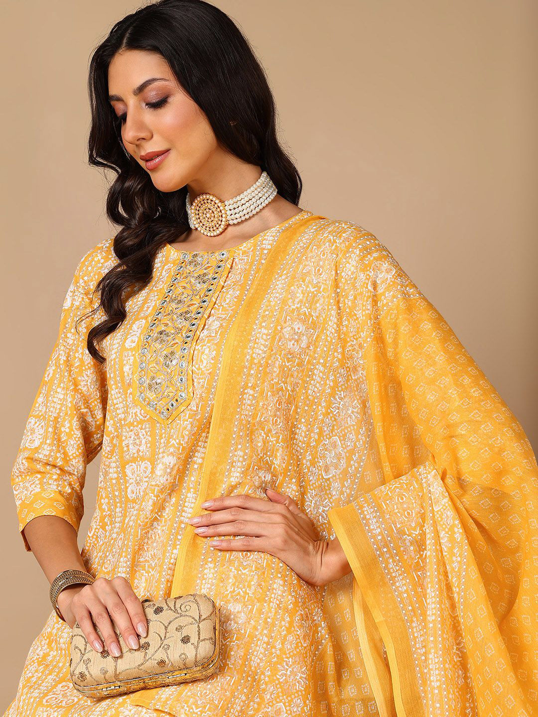 

KALINI Ethnic Motifs Embroidered Regular Mirror Work Kurta with Trousers & Dupatta, Yellow