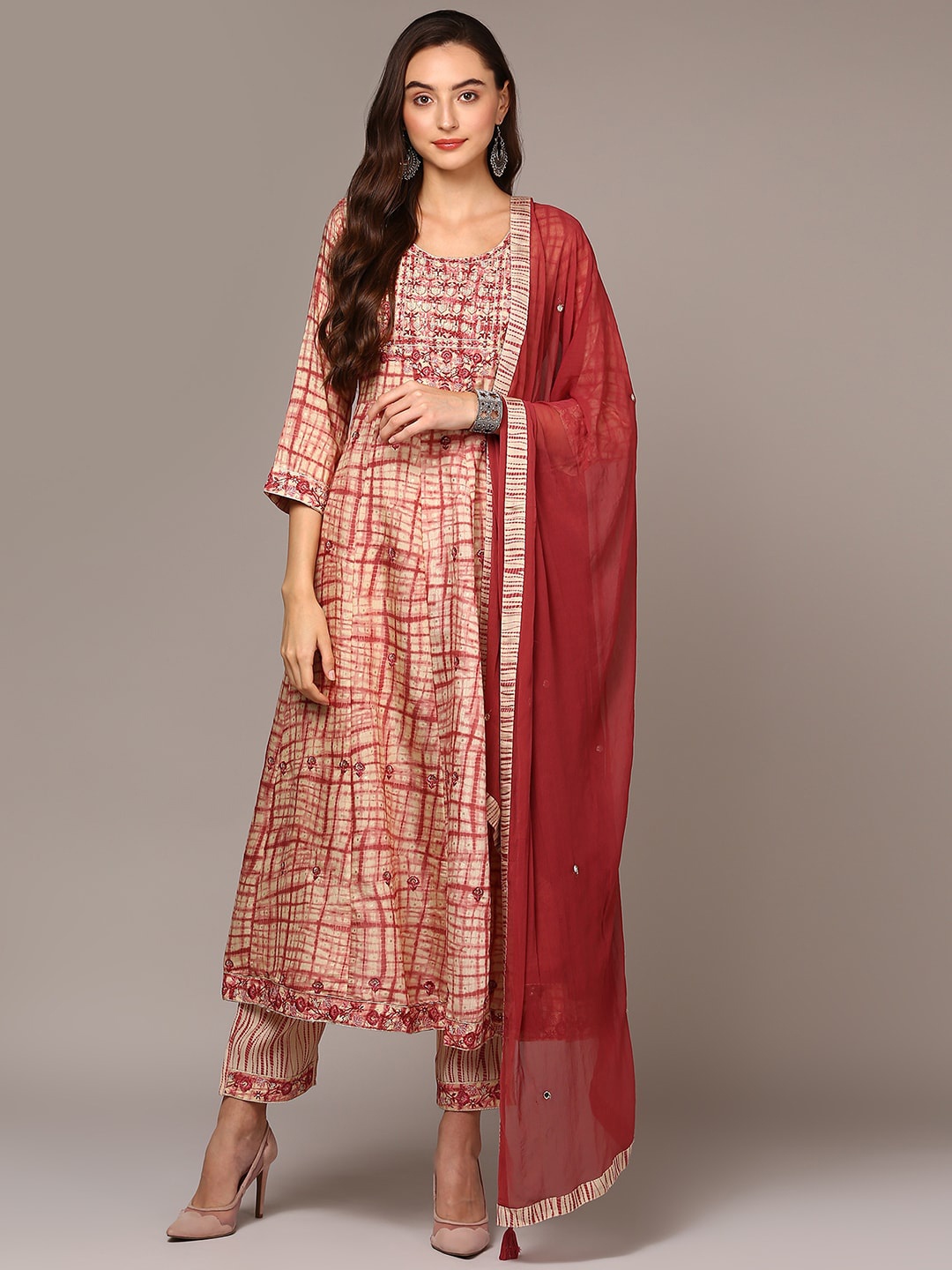 

KALINI Abstract Printed Regular Thread Work Kurta With Trousers & Dupatta, Beige