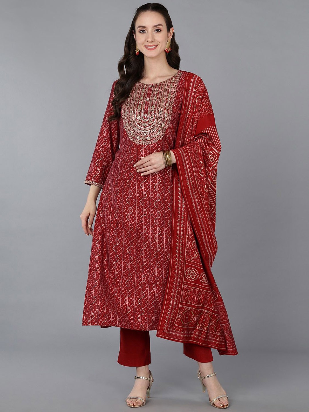 

KALINI Bandhani Embroidered Regular Sequinned Straight Kurta With Trousers & Dupatta, Red