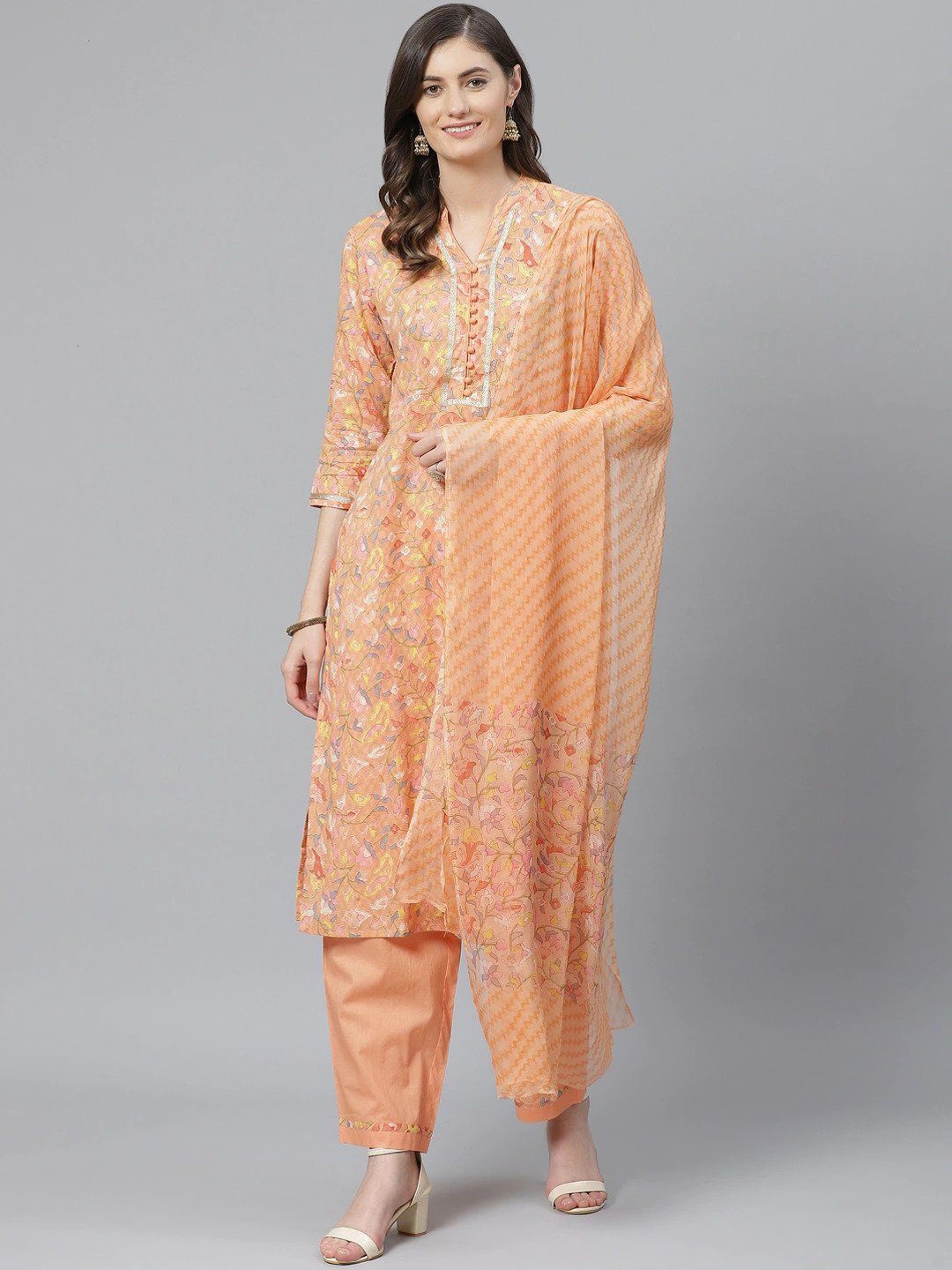 

KALINI Floral Printed Mandarin Collar Pure Cotton Straight Kurta with Trousers & Dupatta, Orange