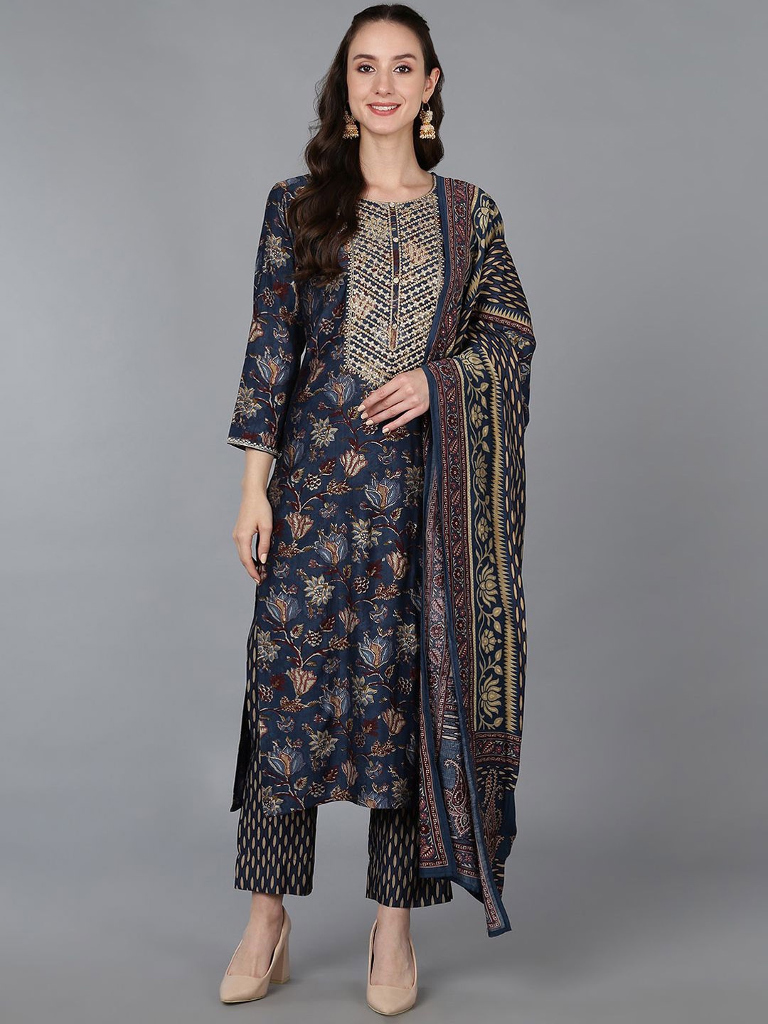 

KALINI Floral Printed Regular Thread Work Kurta With Trousers & Dupatta, Blue