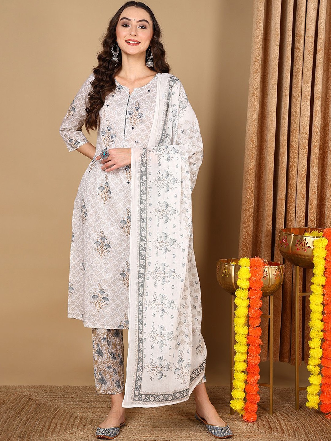 

KALINI Ethnic Motifs Printed Regular Mirror Work Pure Cotton Kurta with Trousers & Dupatta, Off white