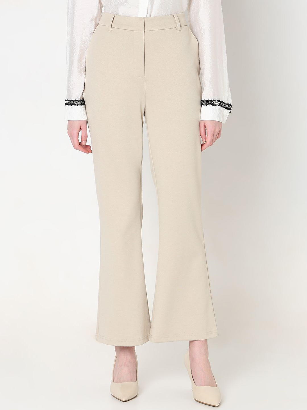 

Vero Moda Women Flared High-Rise Formal Bootcut Trousers, Beige
