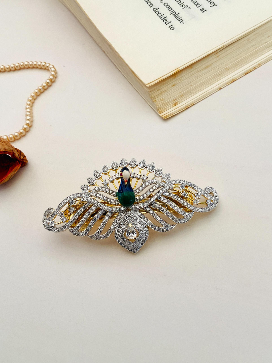 

ABDESIGNS Gold Plated American Diamond Studded Meenakari Peacock Hair Clip