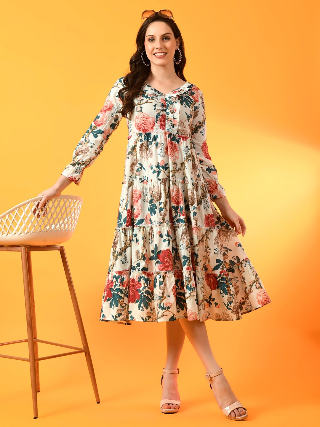 

ANNSH APPAREL Floral Printed V-Neck Long Bell Sleeves Ruffles Fit & Flare Midi Dress, White