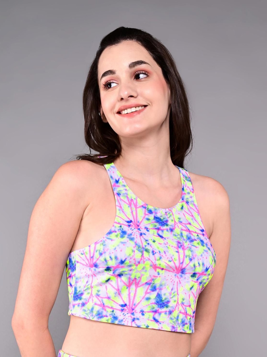Tuna London Floral Printed Cotton Regular Crop Top, Blue