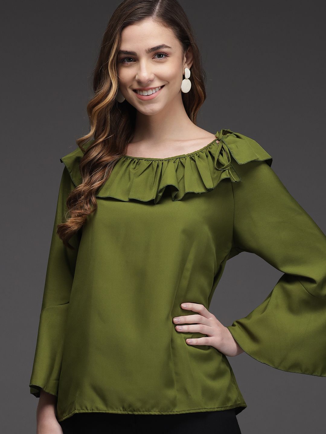 

TANDUL Round Neck Bell Sleeve Top, Green