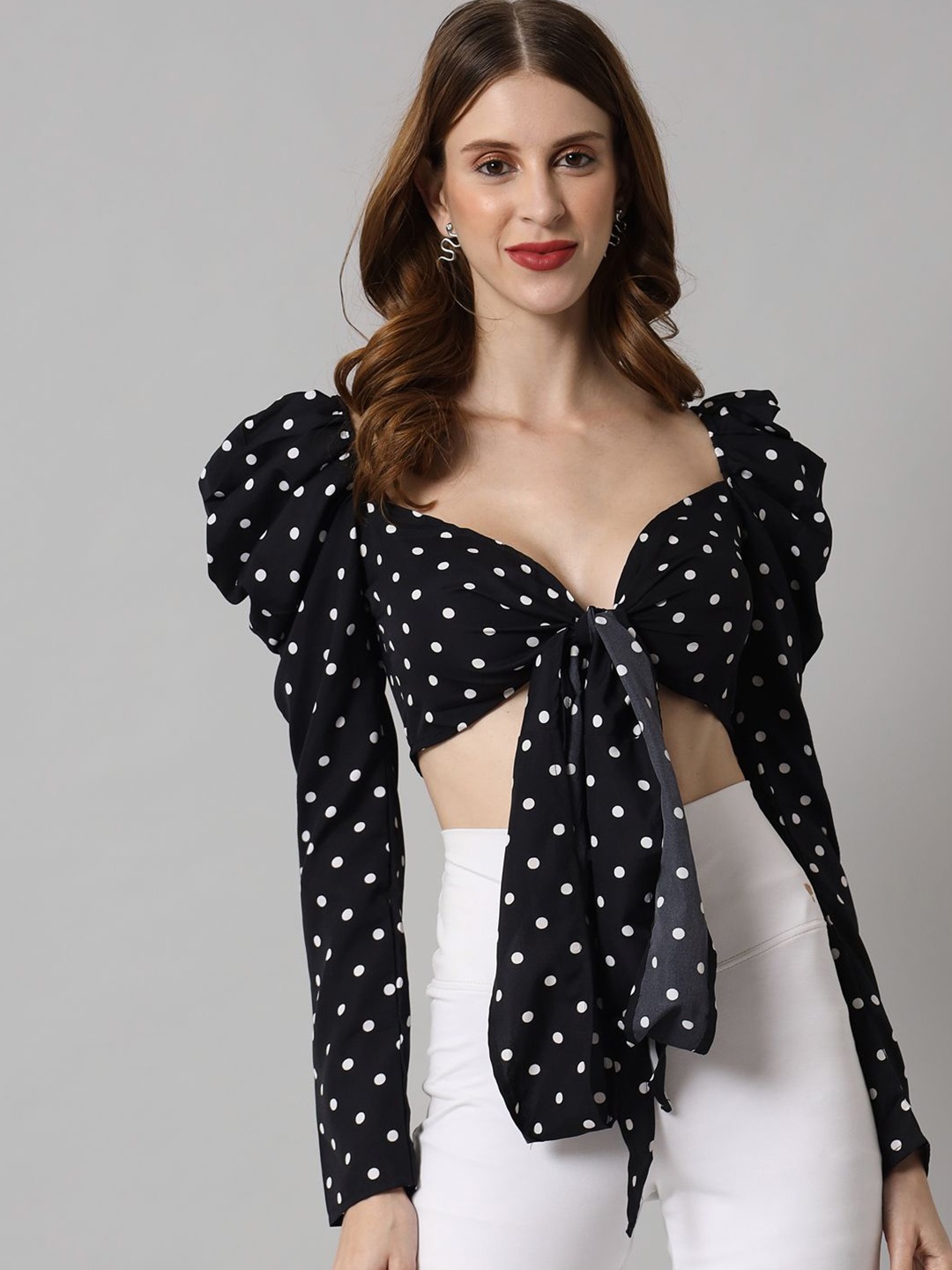 

TANDUL Polka Dots Printed Tie-Up Neck Puff Sleeves Crepe Crop Bralette Top, Black